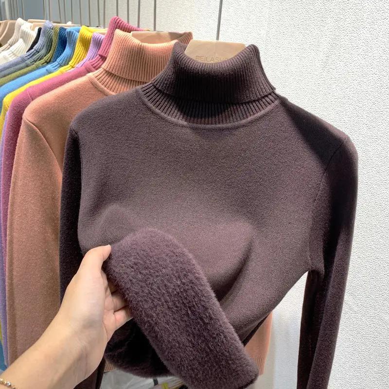 

Женский осенне-зимний толстый плюшевый трикотажный пуловер с подкладкой, теплый мягкий трикотажный джемпер, водолазка, женский тонкий свитер Sueter M кофейный