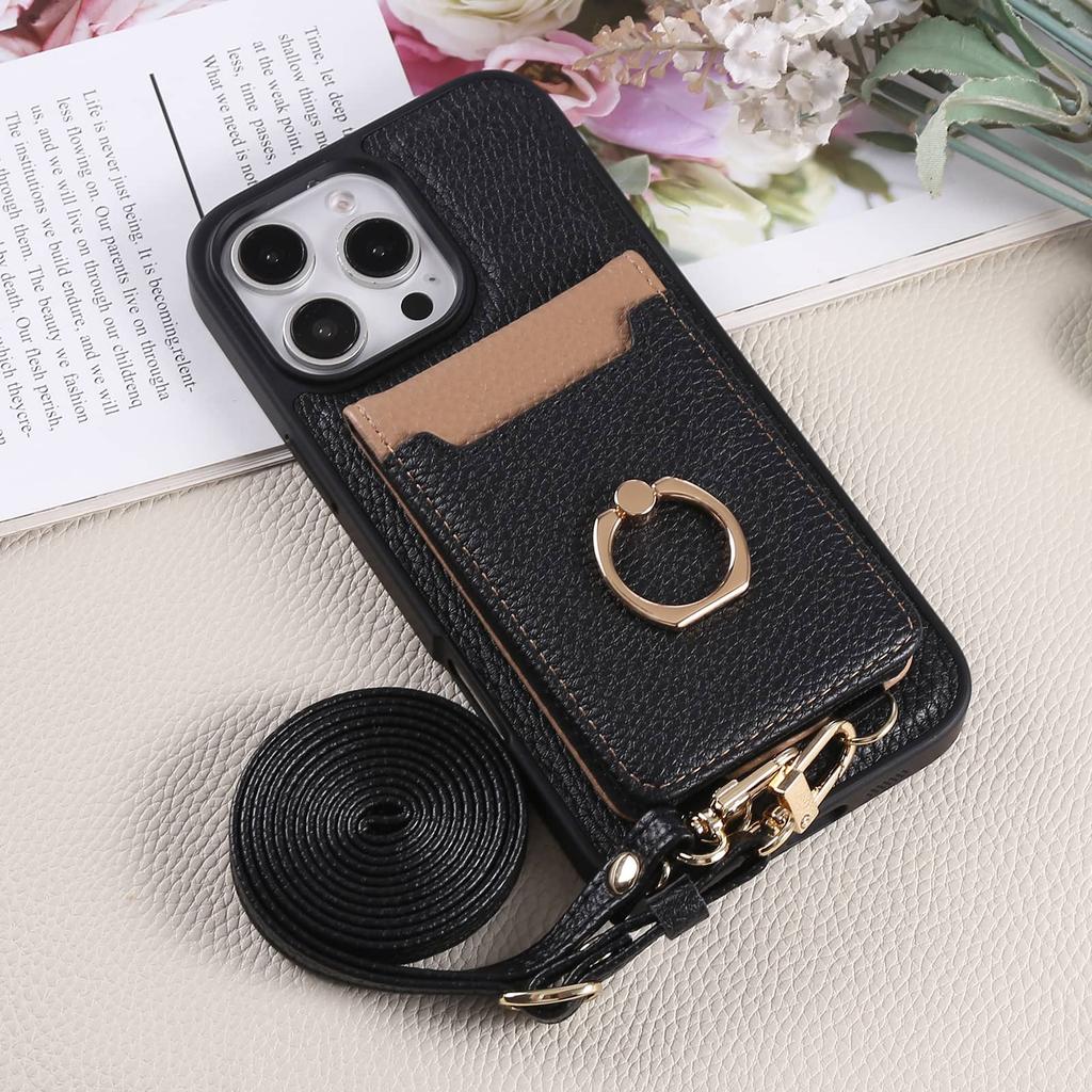 For iPhone 16e 16 15 14 13 12 11 Pro Max 16 Plus Case,Wallet Case with Card Holder, 360°Rotation Ring Kickstand Shockproof Cover