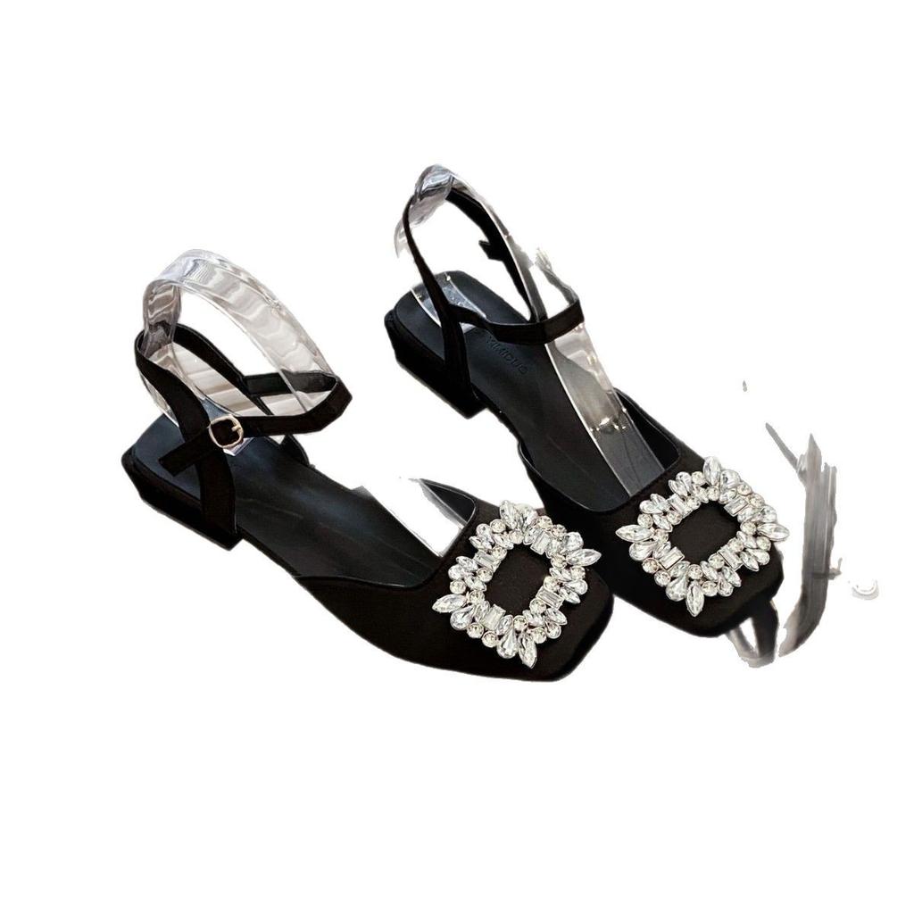 French Retro Temperament Versatile Small Fragrant Mary Jane Shoes Thick Heel Single Shoes Women's Evening Internet Celebrity Rhinestone Bag Head Sa