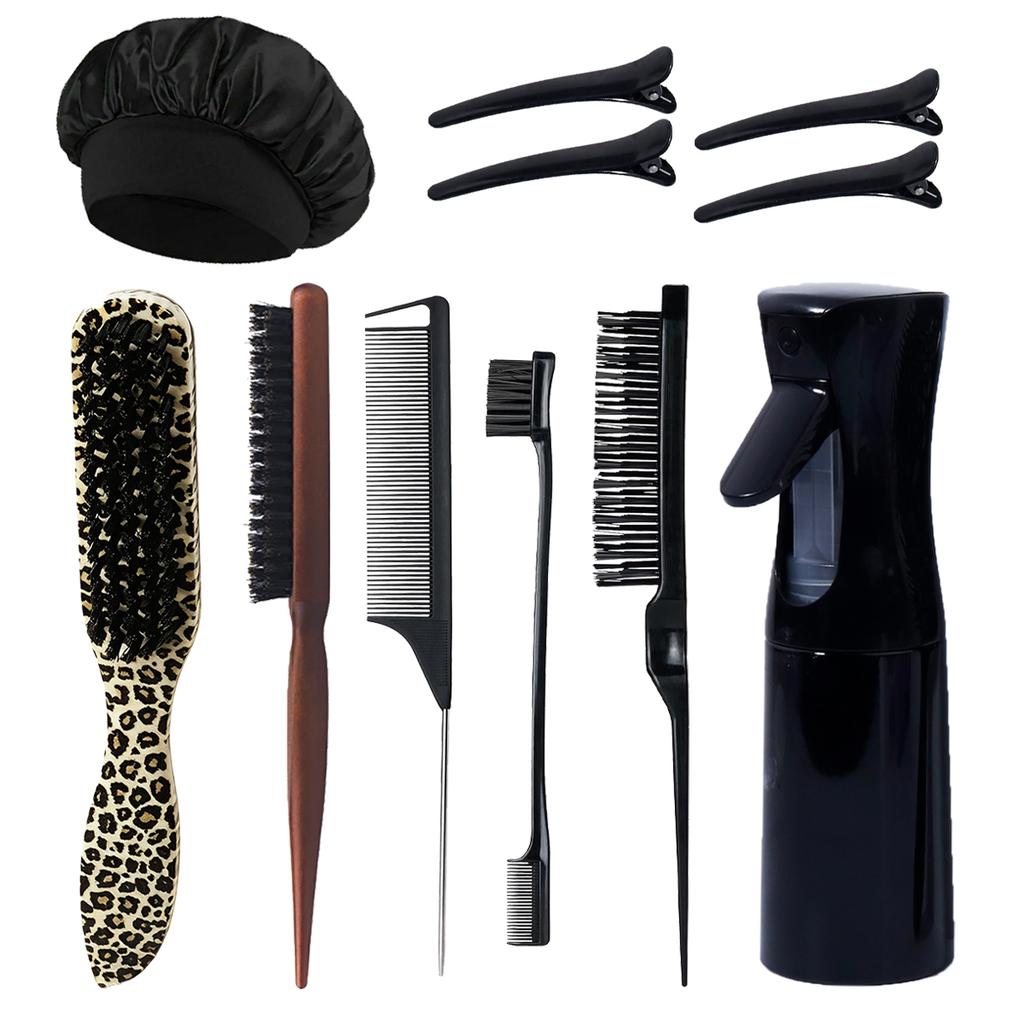 11pcs Hair styling tool set, wooden hair brush, spray bottle, nightcap, leopard beard brush, hairpin, special for real hair wigs
