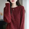 Women's 2025 Fine Knit Wool Sweater with Sequins - Long Sleeve, Loose Slimming Fit