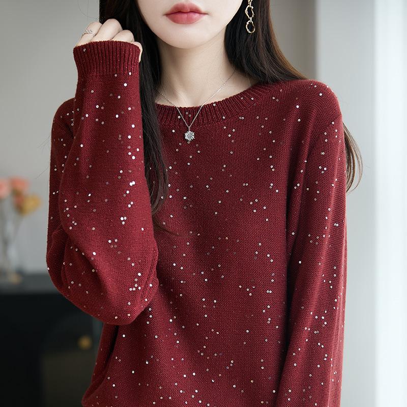 Women's 2025 Fine Knit Wool Sweater with Sequins - Long Sleeve, Loose Slimming Fit