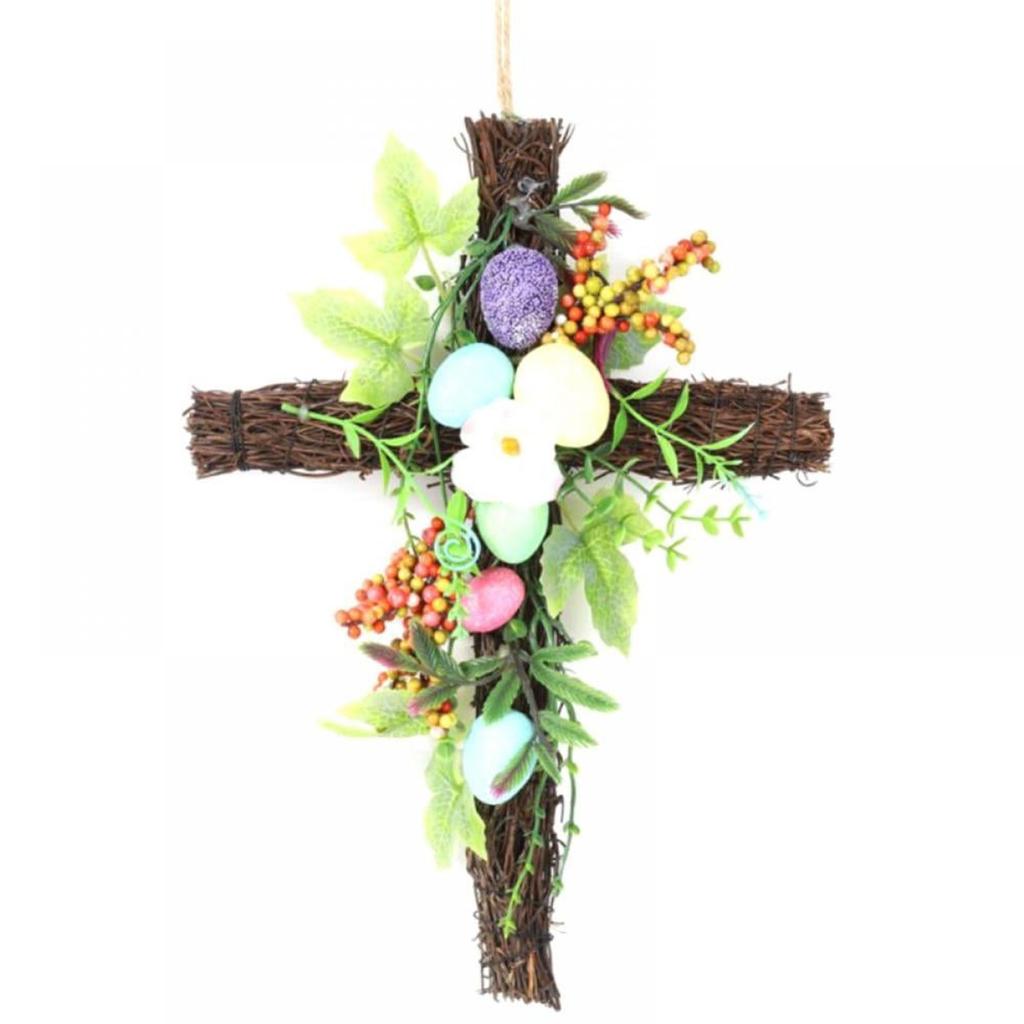 12-Zoll Osterkranz mit bunten Eiern, Kreuz Oster-Eierkranz Künstlicher Blumenkranz für Haustür Wand Osterdekorationen