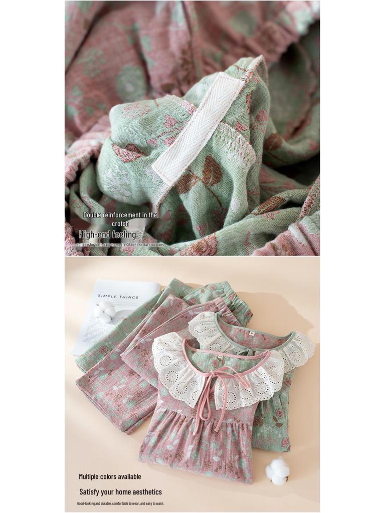 Women's Spring & Summer Pajama Set, Pure Cotton Gauze, Color-Woven Jacquard, Long Sleeve & Pants, Lace Accents, Wearable as Home Wear or Outdoors.