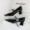 Women's Shoes with Thick Heel, Shallow Mouth, Square Toe, Rhinestone Buckle, Straight Strap, Single Shoe for Women
