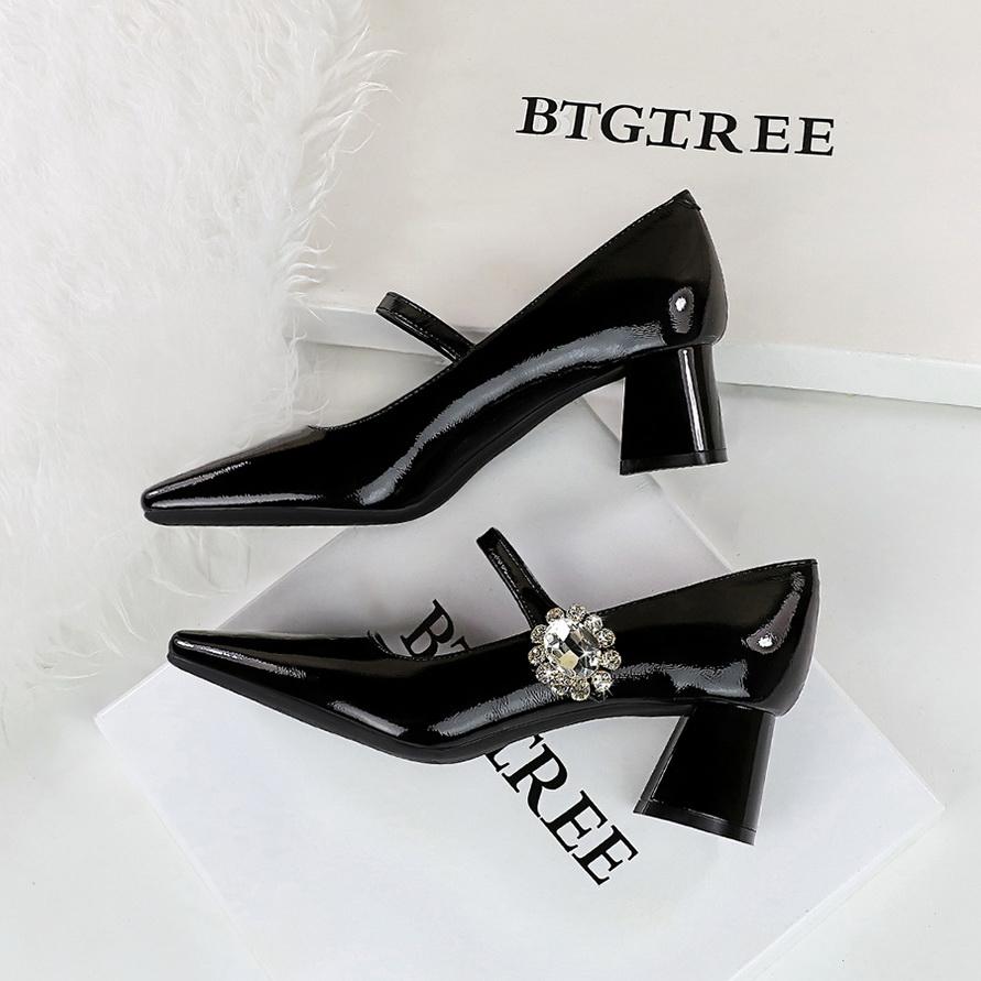 Women's Shoes with Thick Heel, Shallow Mouth, Square Toe, Rhinestone Buckle, Straight Strap, Single Shoe for Women