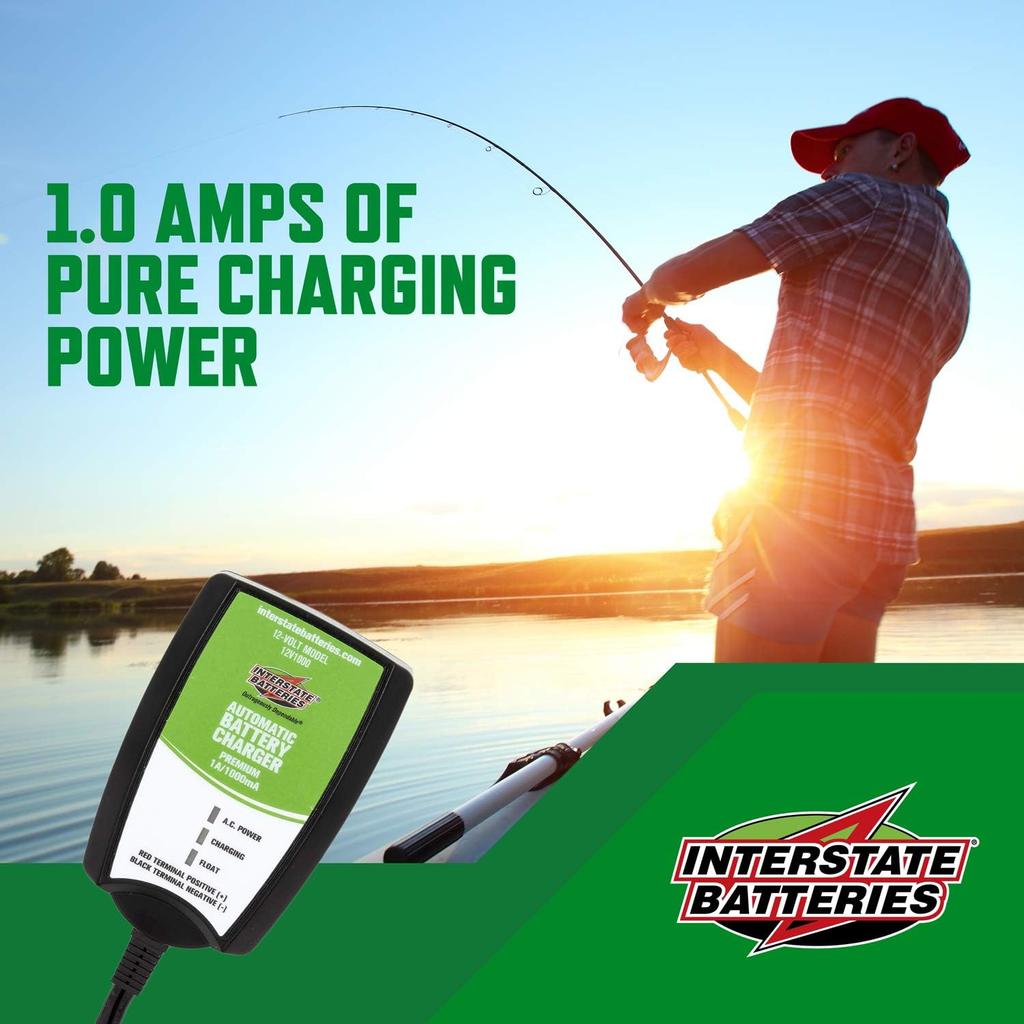 Interstate Batteries Powersports Battery Charger - 1.0 Amp - Sealed Lead Acid or AGM - Motorcycles, ATV, Marine, Snowmobiles, Lawnmowers, Scooters
