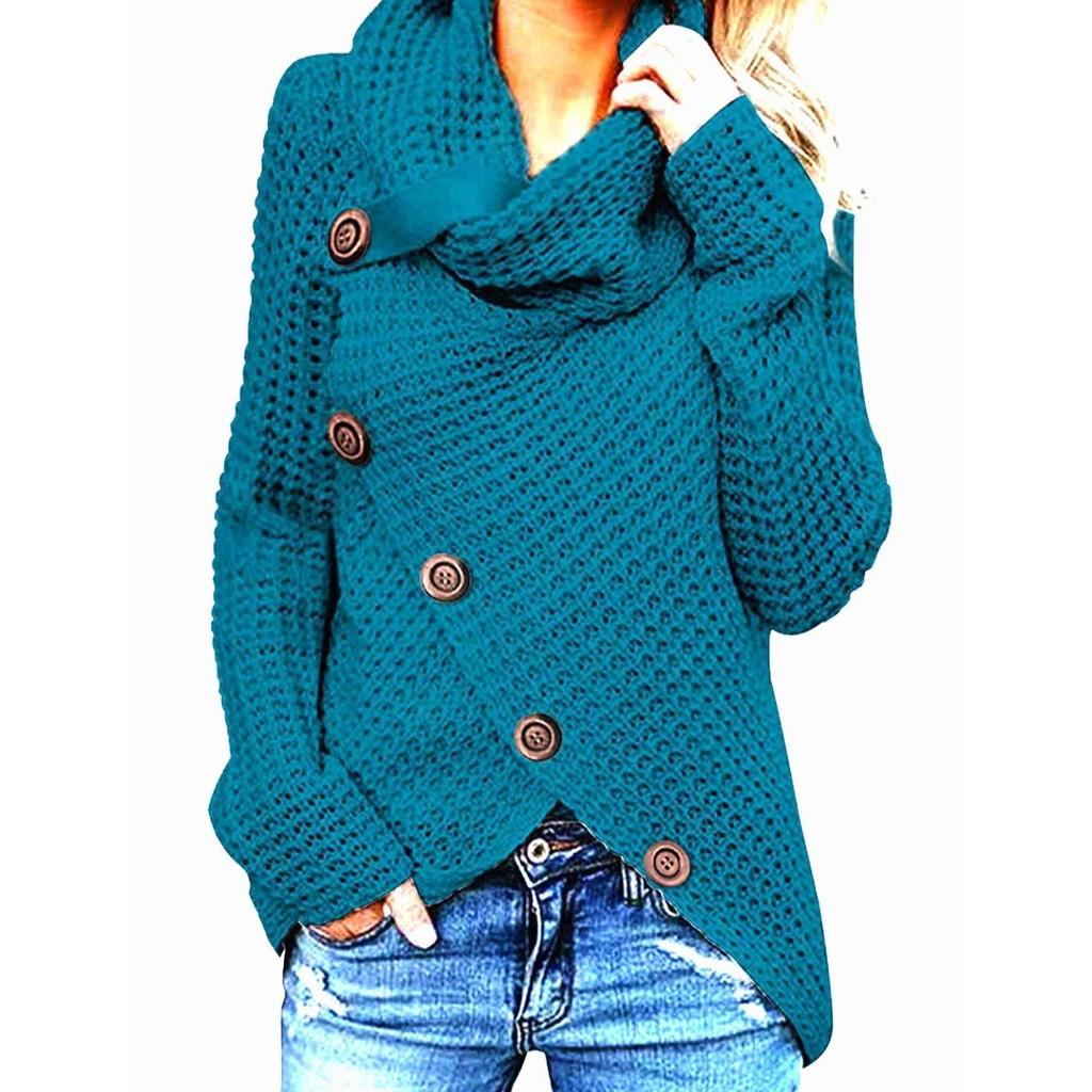 Herbst und Winter Einfarbig Dicker Pullover Damen Neu Einreihig Diagonale Schnalle Langärmlig Asymmetrische Strickwaren Damen