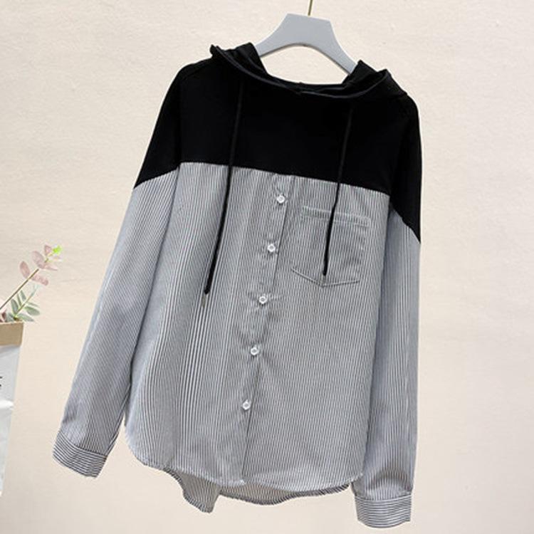 Spring and Autumn Women's Shirt Stripes Loose Hooded Sweatshirt Long Sleeve Splicing Blouse Tops