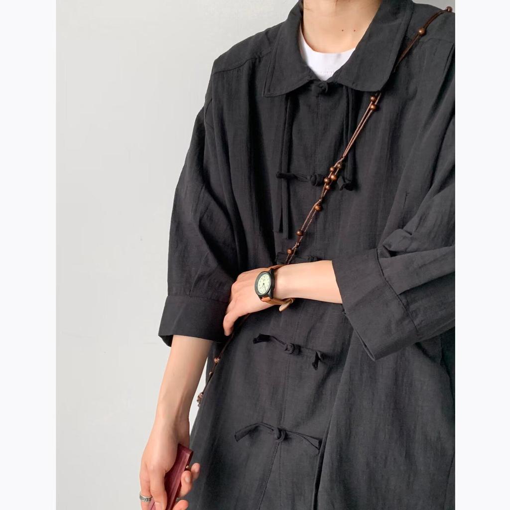 Kids' Summer Retro Tang Suit: Loose Short-Sleeve Cotton & Linen Shirt