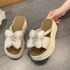 Fashion Women's Platform Slippers Fashion Round Head Open Toe Crystal Flower Satin Soft Sole Anti-slip Wear Heel Shoes