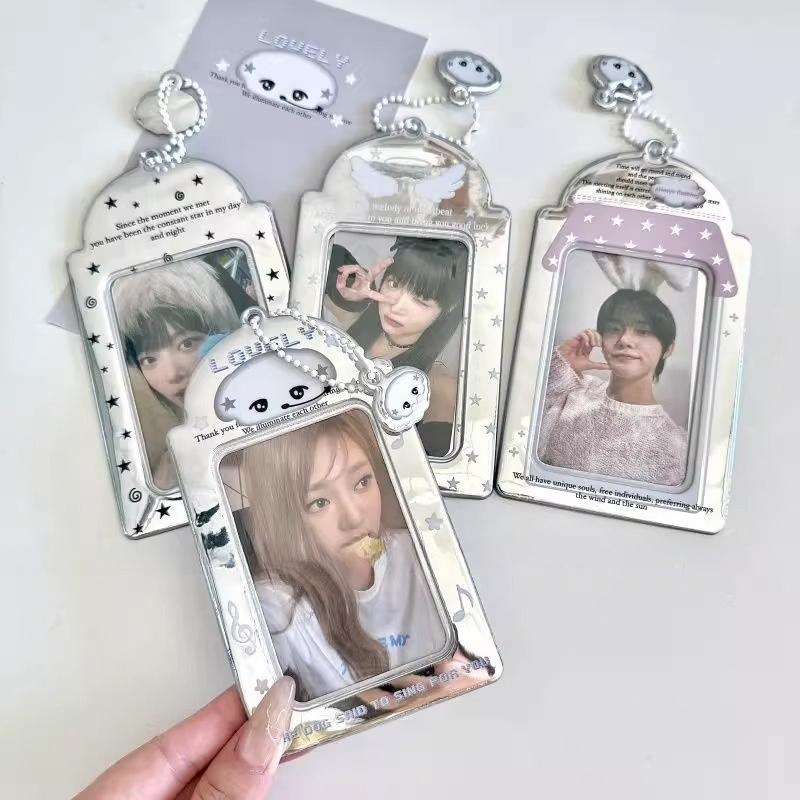 Laser Series PVC Photo Frame for Girls Cute Angel Card Holder with Pendant 3 Inch Kpop Photocard Holders INS Style Card Binder