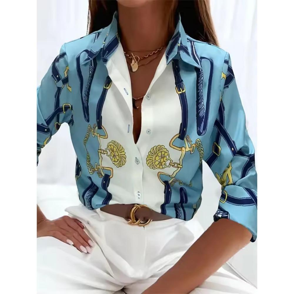Women's  Fashion Geometric Buttons Blouse Lapel Neck Blouse Womens Long Sleeve Shirts Womens Clothing Female Clothing