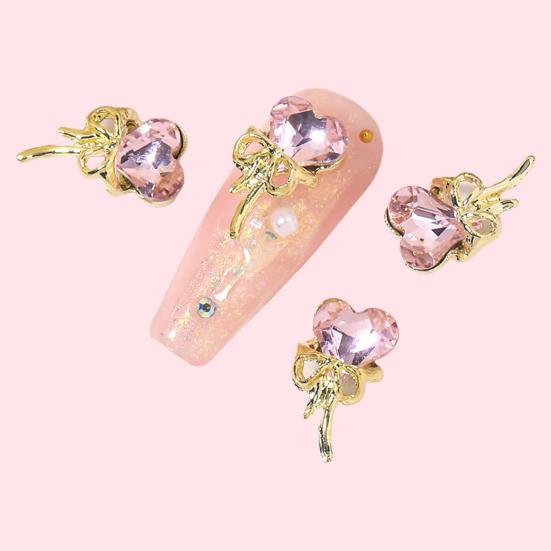 Yousheng 10Pcs/Set Nail Art Charm Golden Bowknot 3D Alloy Luxury Cute DIY Solid Colored Rhinestone Love Heart Nail Decoration Salon Home Use