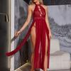 European & American Sexy Mesh Halter Lingerie Set with Hollow Out Long Dress