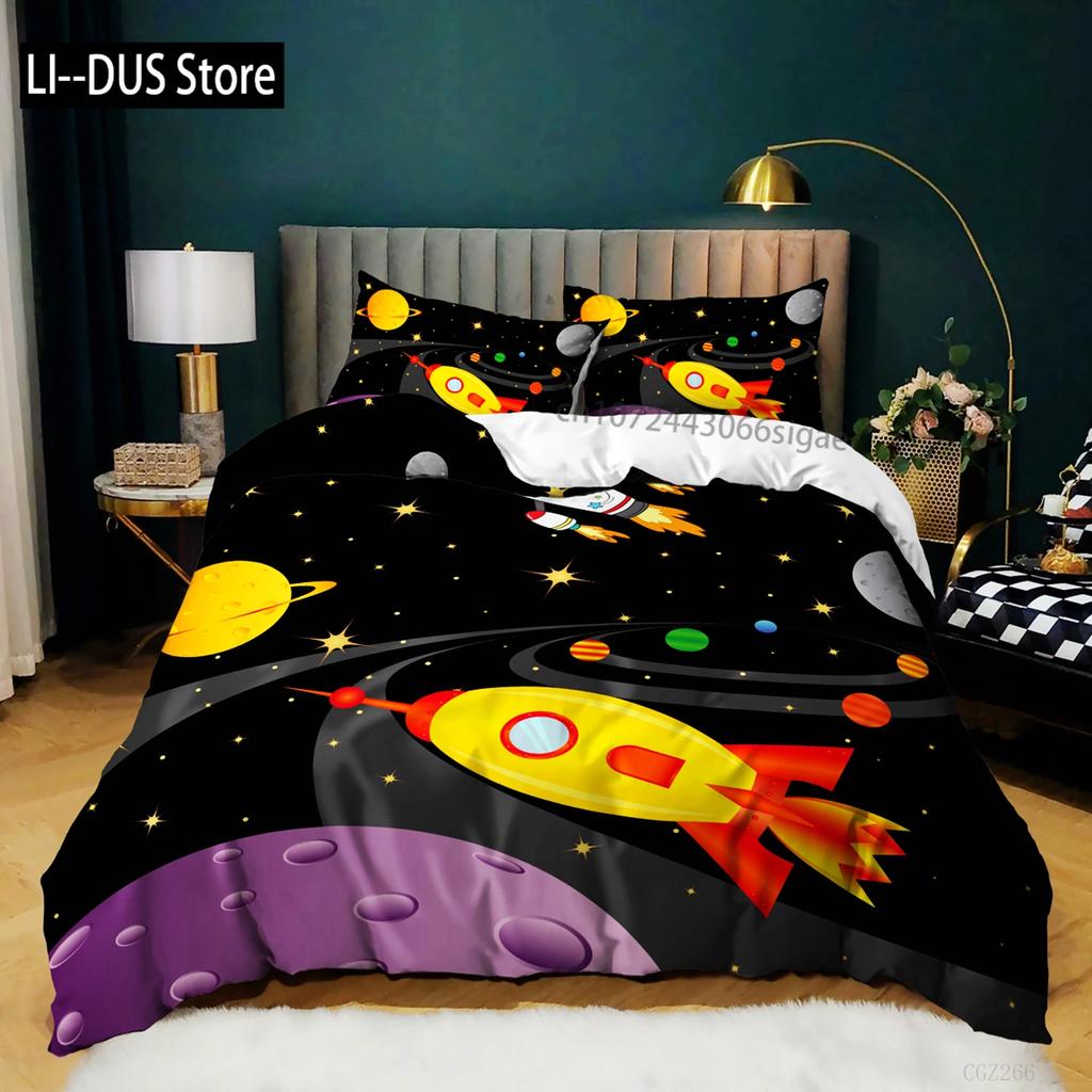 Bettbezug mit Raumschiffen für Jungen und Kinder, Astronomie-Bettwäscheset aus Mikrofaser, Weltraum-Abenteuer, farbenfroher Raumschiff-Bettbezug für Kingsize-Bett