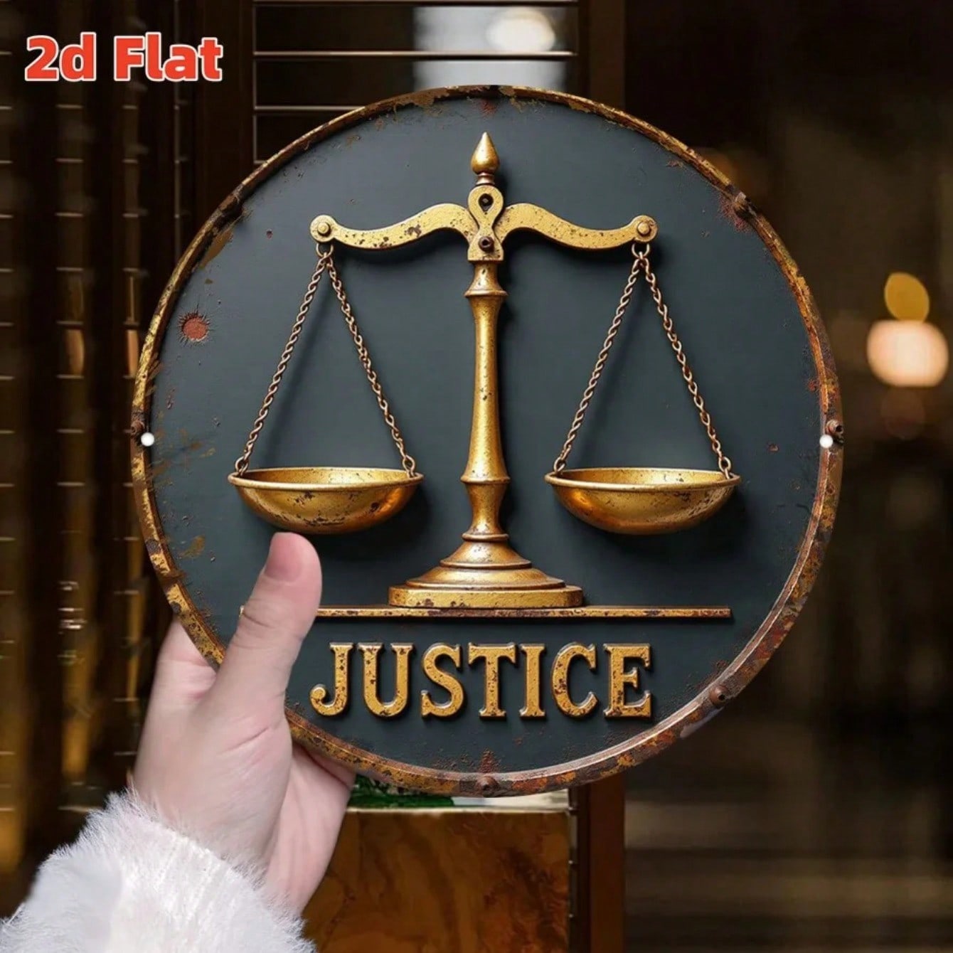 Metal Wall Decor Vintage Justice Scales Rustic Aluminum Sign Gold Gilded Art 20x20