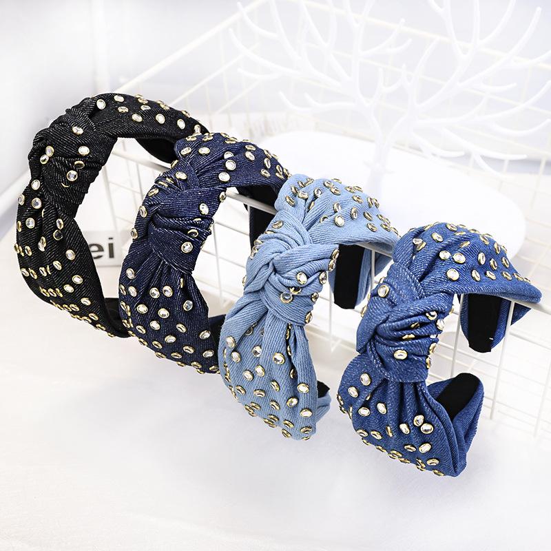 Bohemian Ethnic Denim Center Knot  Hairband With Rhinestone Knotted Headband Hair Accessories