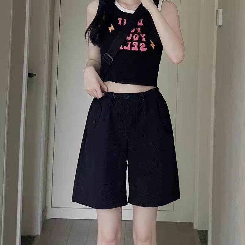 

Летние тонкие повседневные шорты с высокой посадкой и широкими штанинами, быстросохнущие спортивные американские шорты до колена S чёрный