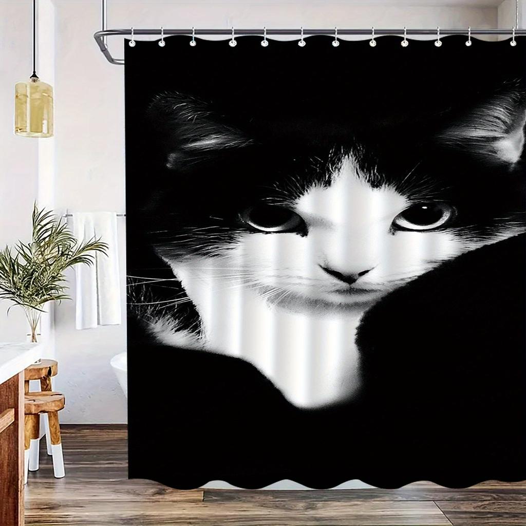 Black White Cat Shower Curtain Close Up Portrait Print Bathroom Decor Waterproof Curtains Pet Lover Home Style