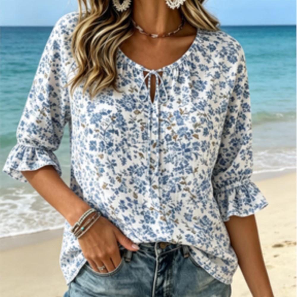 Women's Tiny Blue Floral Blouse Tie V Neck Ruffled 3/4 Sleeve White Raglan Loose Soft Daily Summer Top