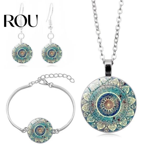 Printing Necklace Earring Set 3 Pcs/Set Women Jewelry Vintage Ethnic Style Lobster Clip Adjustabler Matching Earrings Length Hook Bangle Lady