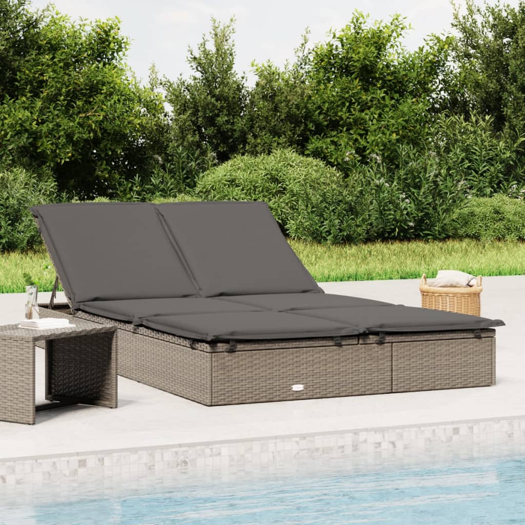 2 Person Sun Lounger with Cushions Grey Poly Rattan