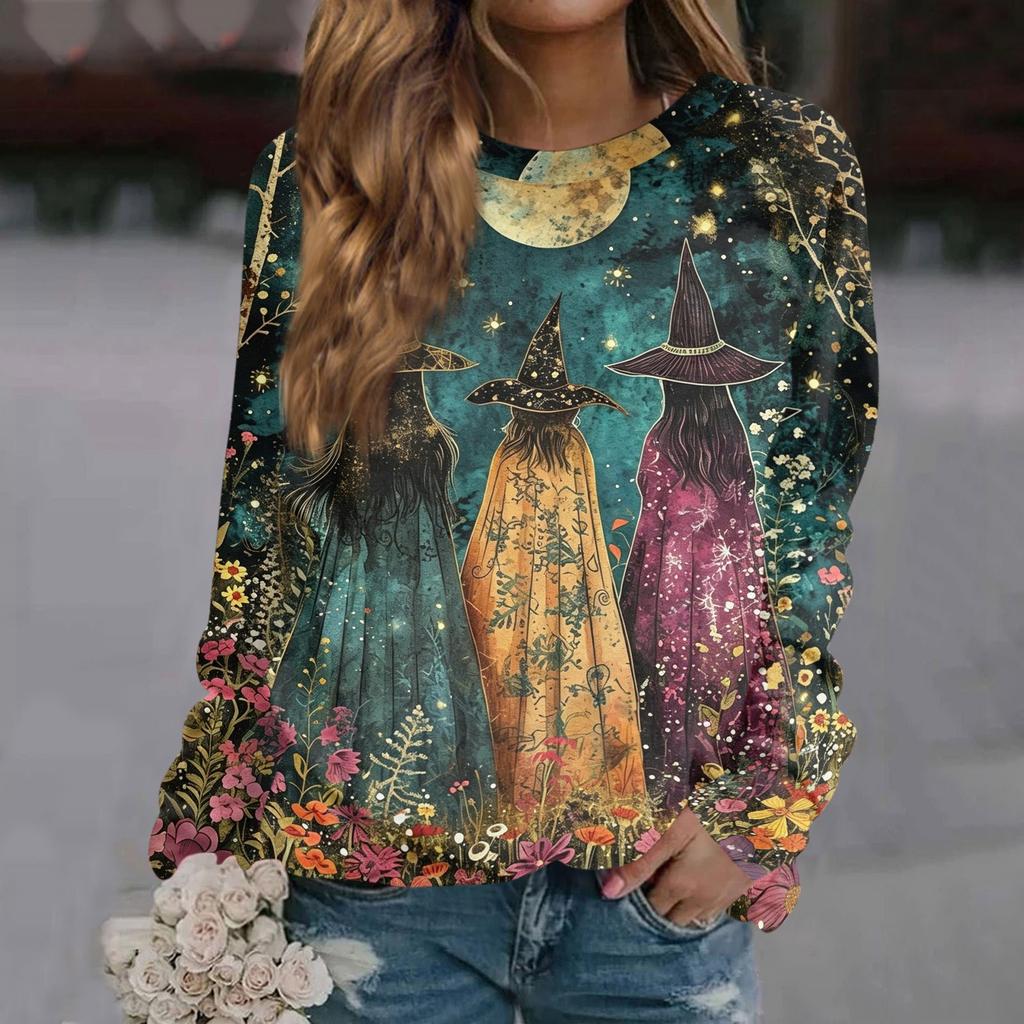 Women's Halloween Printed Long Sleeve Round Neck Raglan Sleeve Pullover Top