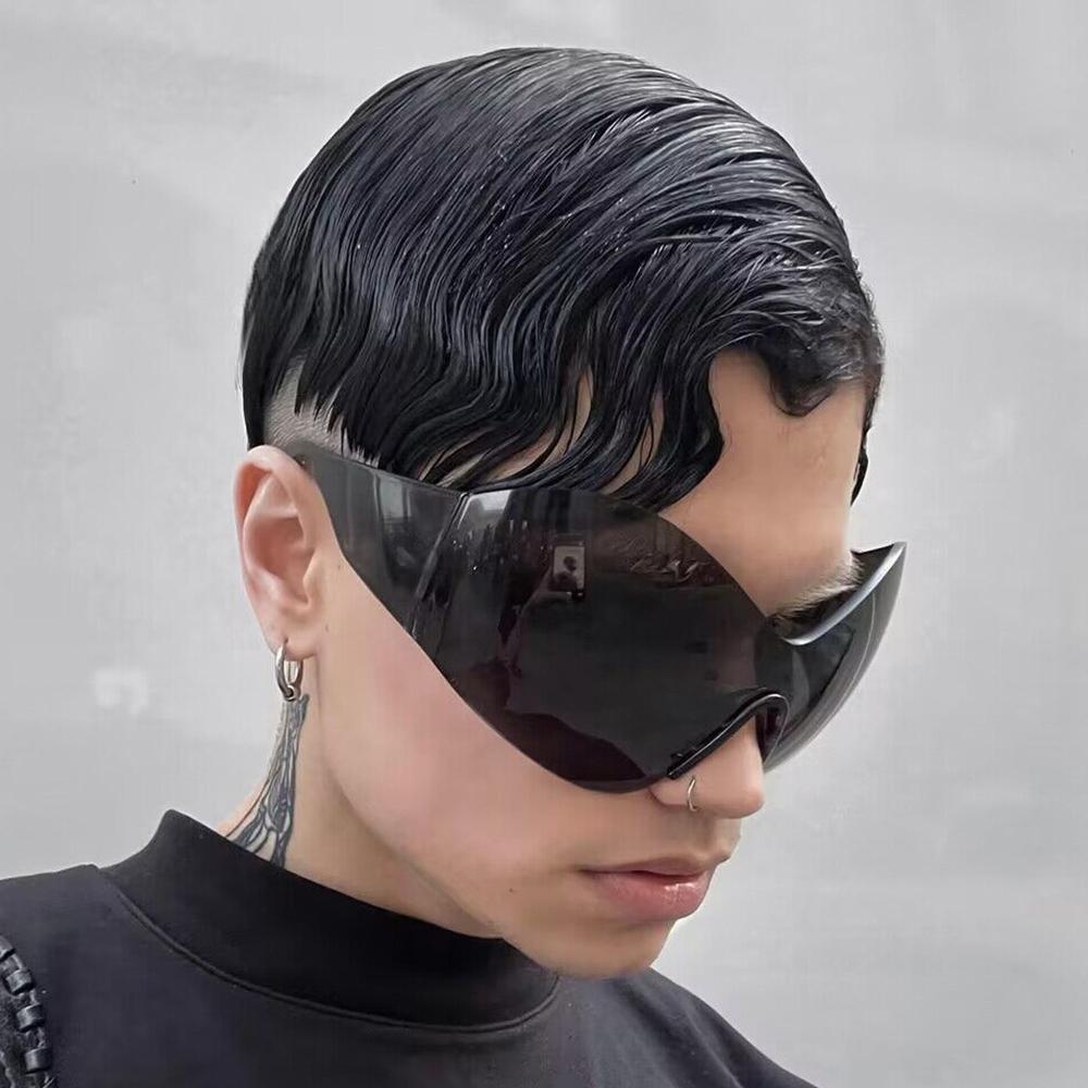 Trendy Rimless Uv400 Protection Shades Black Sun Glasses Oversized Futuristic Sunglasses Wrap Around  Sunglasses
