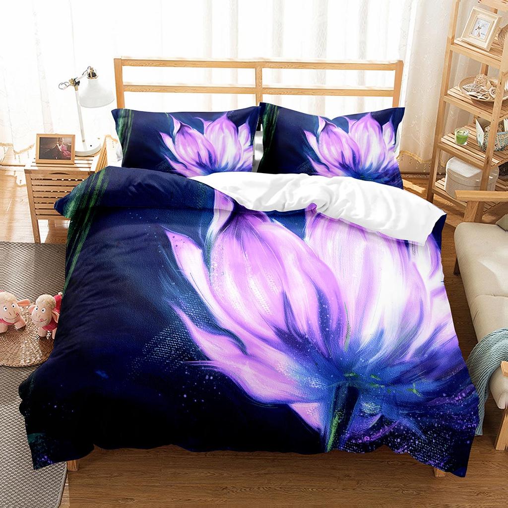 Lotus Flower Duvet Cover Set Lotus Leaf Pattern Polyester Quilt Cover King Full Size For Kids Teens Bedding Set With Pillowcase