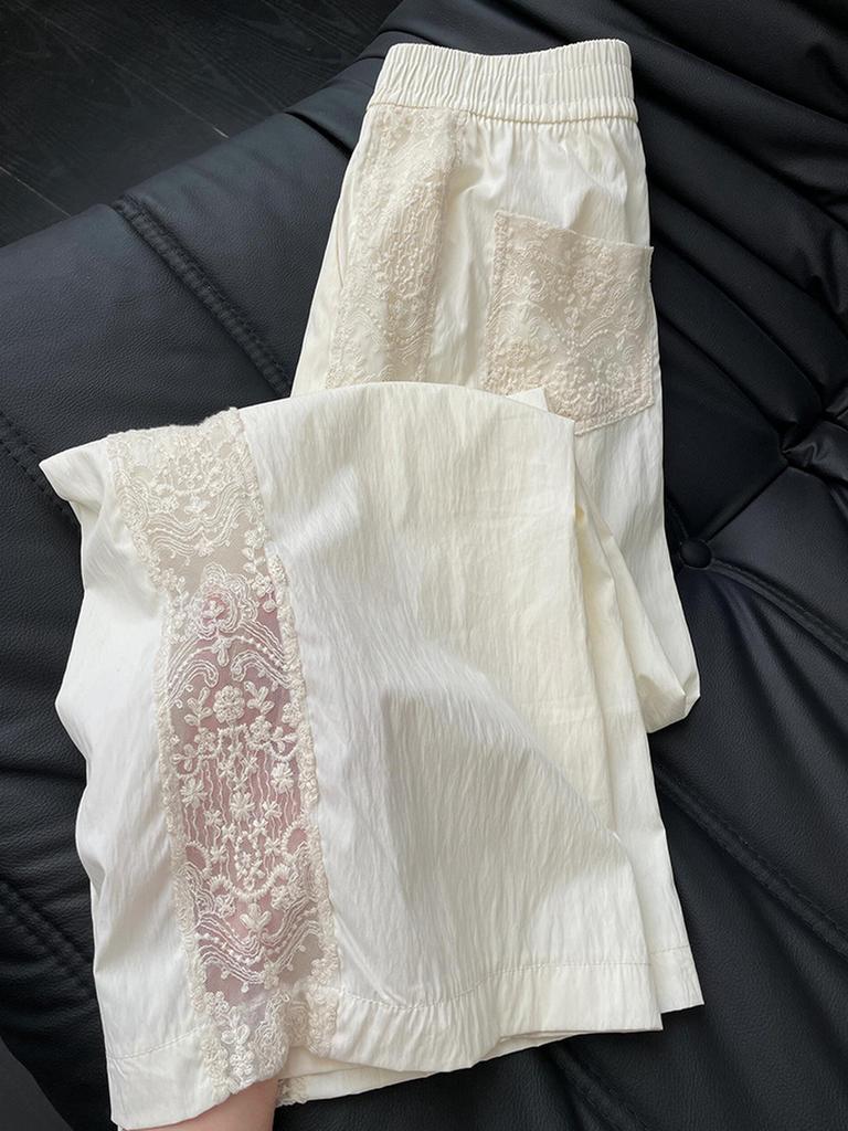 Lace Patchwork Pants Women's Summer Slim Fit Wide Leg Pants Ins Style Photo Color