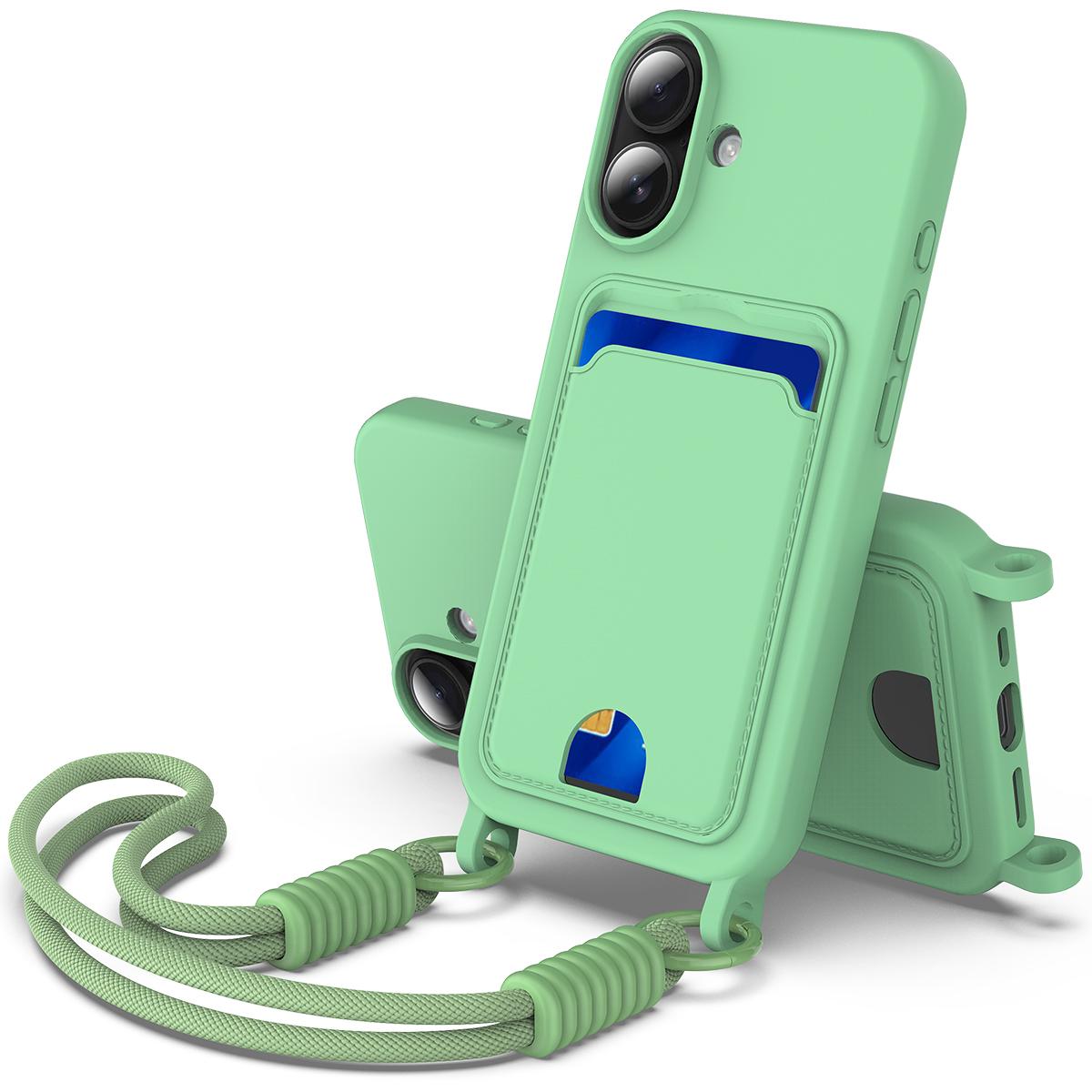 

For iPhone 16 Plus Case Liquid Silicone Card Holder Phone Back Cover with Short Strap Green