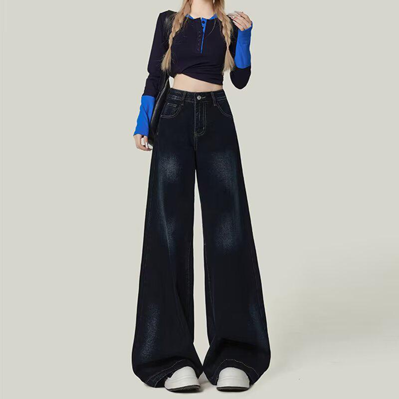

Designer-Inspired Plus Size Blue-Grey Wide-Leg Jeans: Trendy High-Waisted Pear-Shaped Pants for Women XS