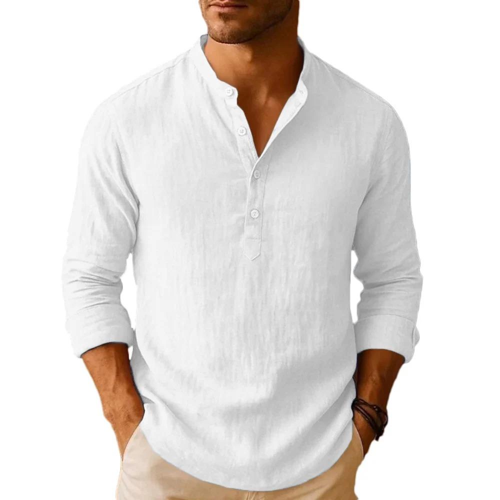 Lightweight Summer Linen Blend Henley Shirt for Men - Breathable Long Sleeve Casual Solid Color Button Tops