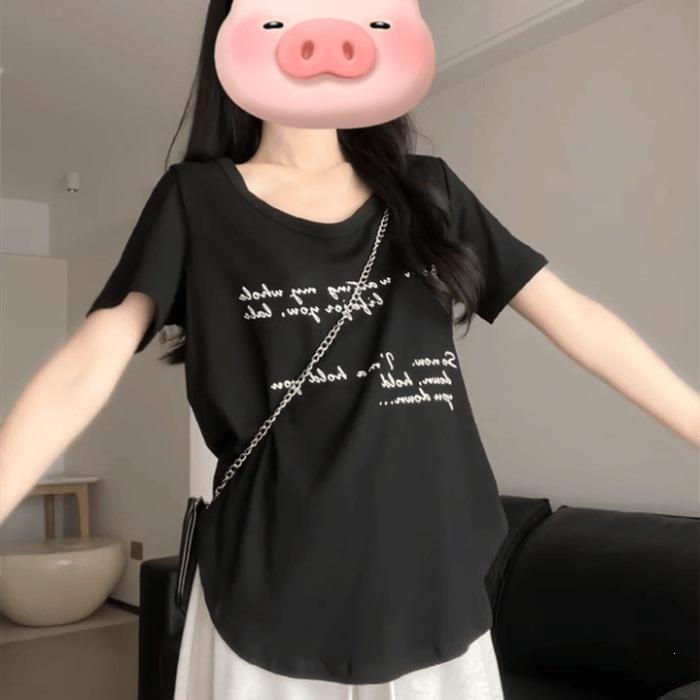 

8096 #No Price Reduction Human Cotton Modal 260g Big U-Neck Short Sleeve T-Shirt Women s Summer Lazy Wind S чёрный