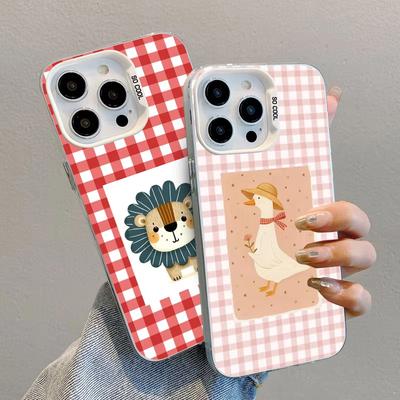 Phone Case For iPhone 13 12 11 Mini Pro Max 17 16 15 14 Pro Max Plus 17 Air Checkered Grid Cute Animals Pattern Laser Back Cover
