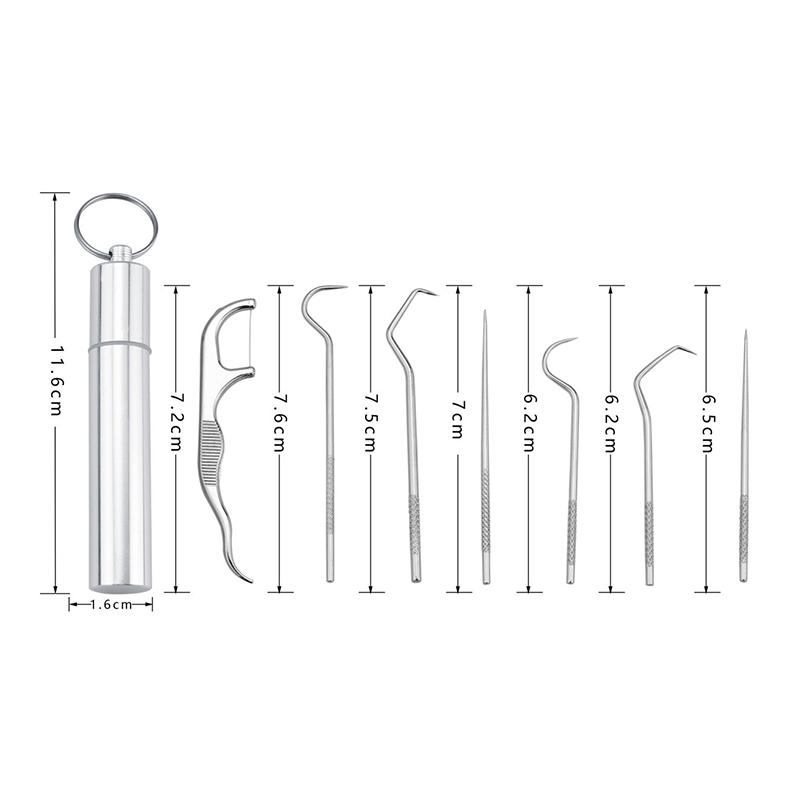 8-teiliges tragbares Edelstahl-Metall-Zahnstocherbeutel-Set, wiederverwendbar, mit Haltern