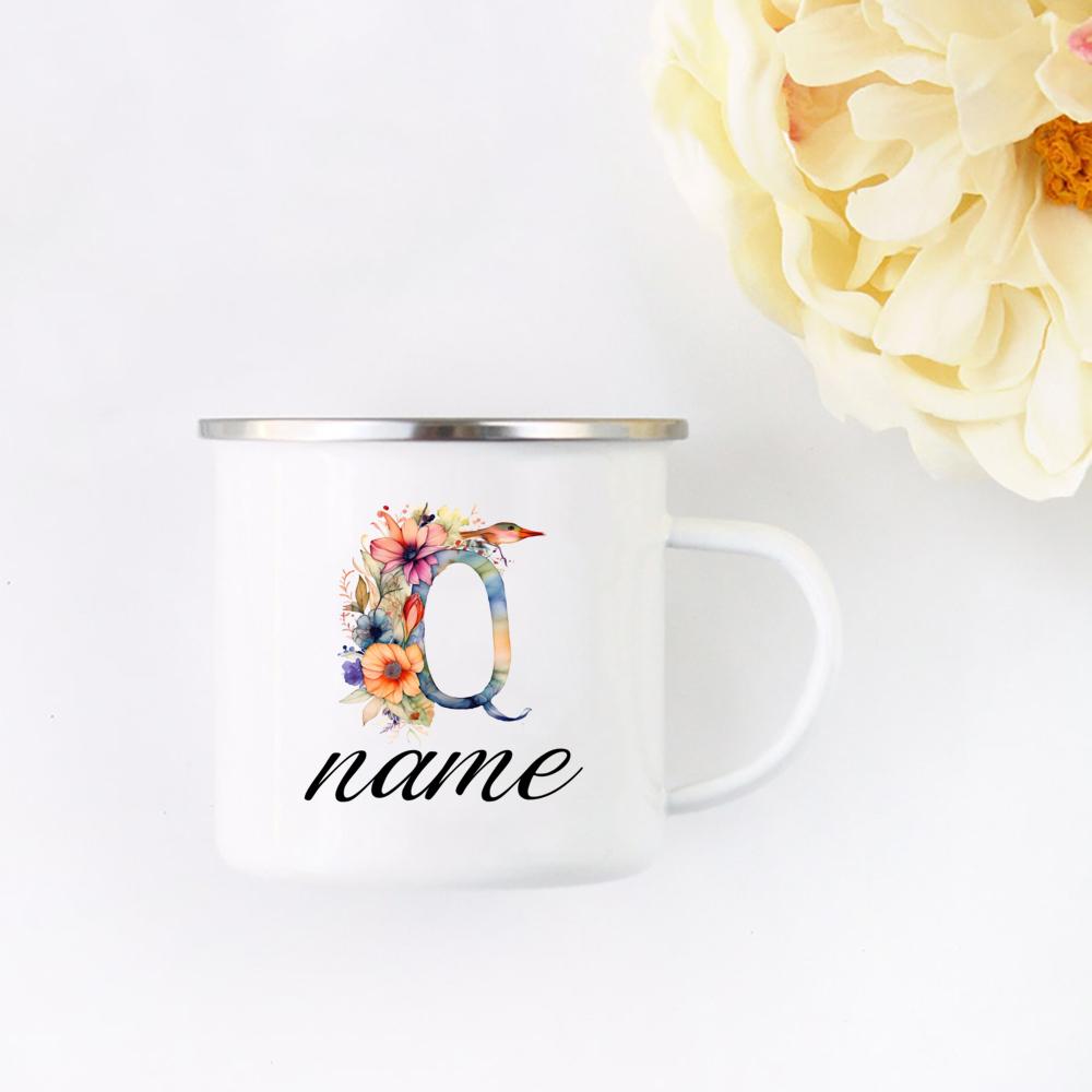 Personalisierte Blumige Initialen Namensbecher Benutzerdefinierter Name Tee Kaffee Heiße Schokolade Tasse Braut Brautjungfer Muttertag Geschenk für Sie