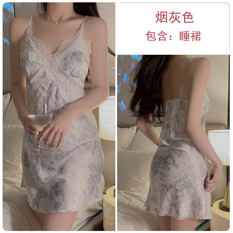 

New Chinese-style printed satin lace plus chest pad slim suspender nightdress robe loungewear set M