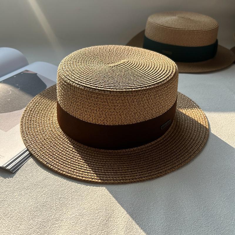 Flat top hat women's summer vacation seaside Panama hat flat edge French beach hat braided sunshade sunscreen top hat