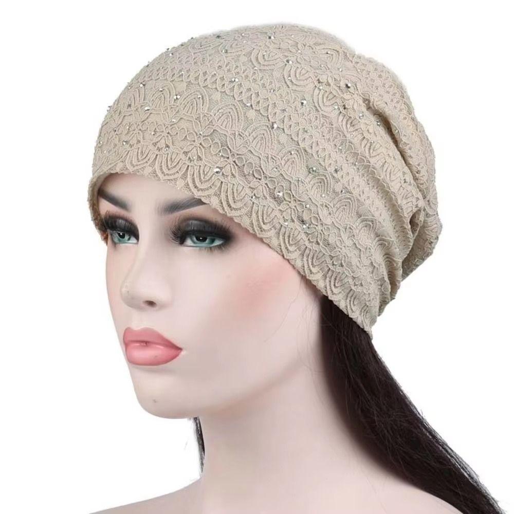 Lace Slouchy Beanie Rhinestone Rhinestone Skull Cap Fashion Stretch Turban  Women
