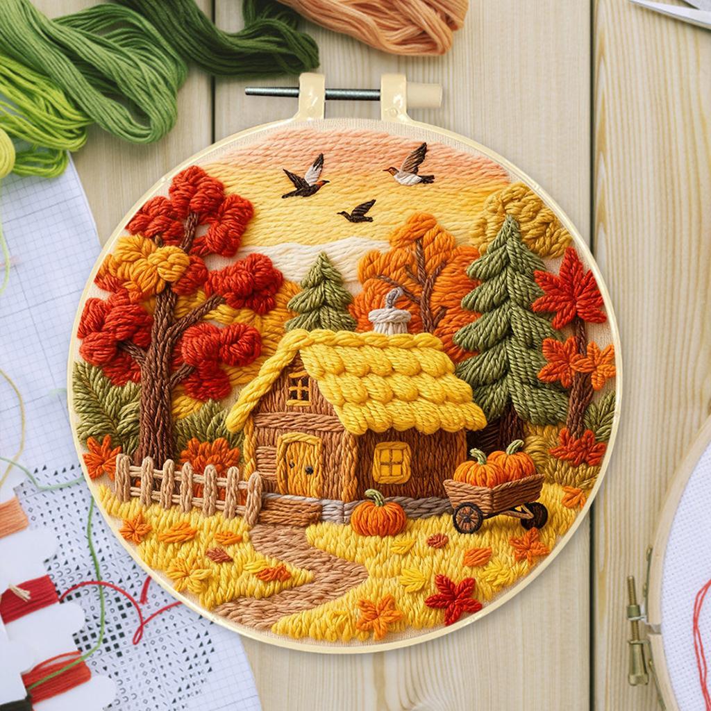Autumn DIY Stitches Kit with Embroidery Hoop Embroidery Stitches Practice Kit Needlepoint Kit for Beginners Craft Lovers Gift