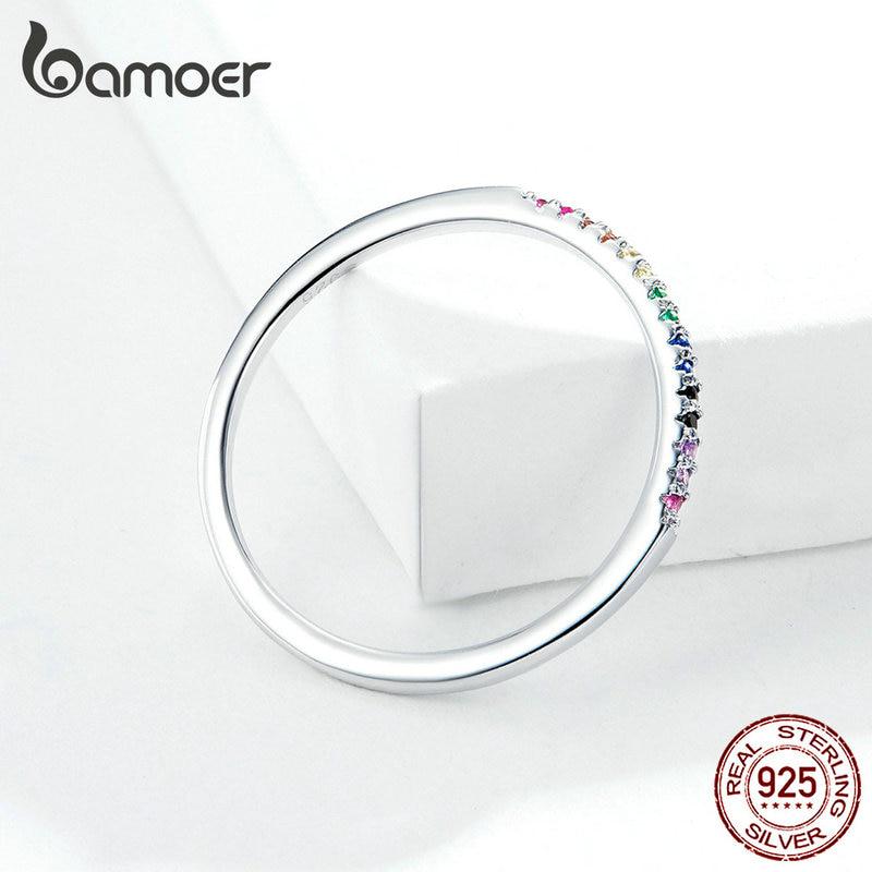 BAMOER 925 Sterling Silber Regenbogenfarbene CZ-Fingerringe für Frauen, stapelbarer Match-Schmuck