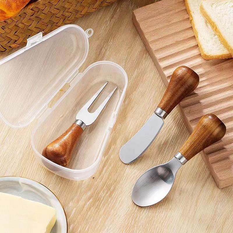 Stainless Steel Cheese Knives Cheese Fork Set Wooden Handle Butter Spatula Knife Cheese Spreader Jam Spreader Baking Tools