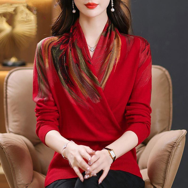 

Модний трикотажний светр з V-подібним вирізом для жінок Осінньо-зимовий теплий вовняний пуловер Повсякденний одяг для мами Елегантний XXXL