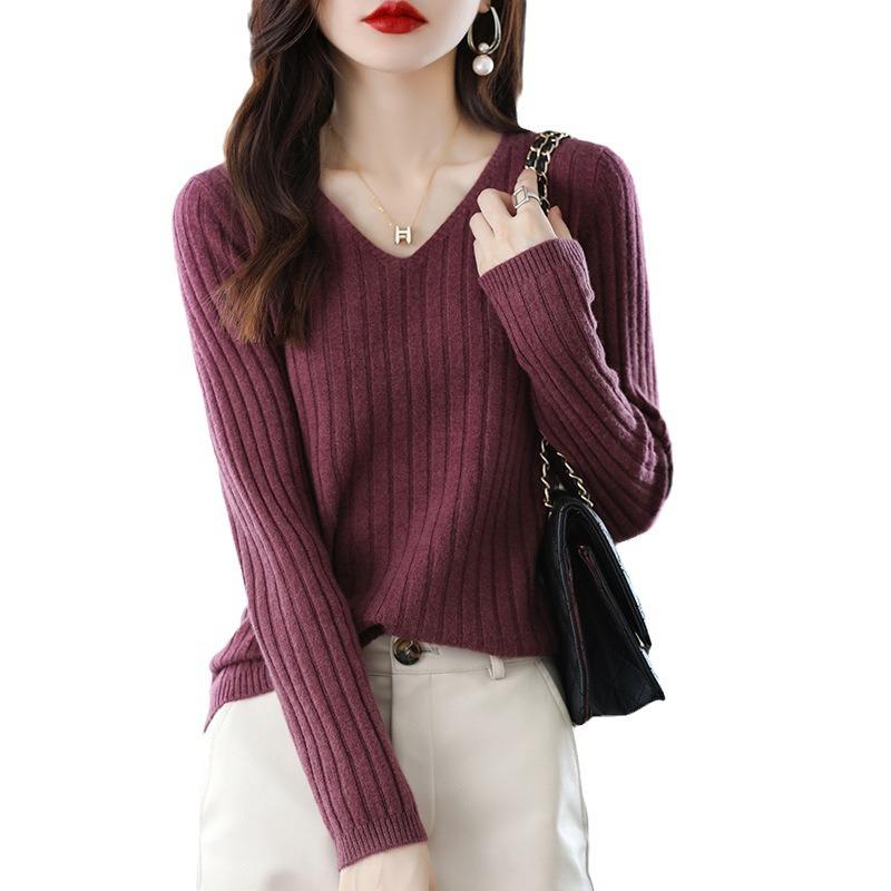 Burgundy Knitted Sweater Women's Spring and Autumn Inner Bottoming Shirt Soft Waxy Sweater Chicken Heart Collar Top
