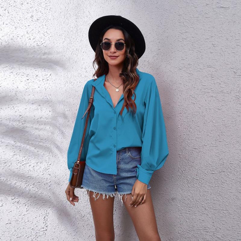 Spring Stand Up Collar Lantern Sleeve Shirt Women's Solid Color Long Sleeved Shirt Chiffon Shirt Blouses & Shirts