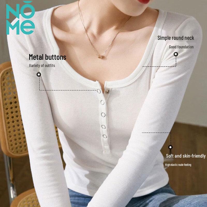 NOMe Women's Button-Detail Ribbed Long-Sleeve Slim T-Shirt