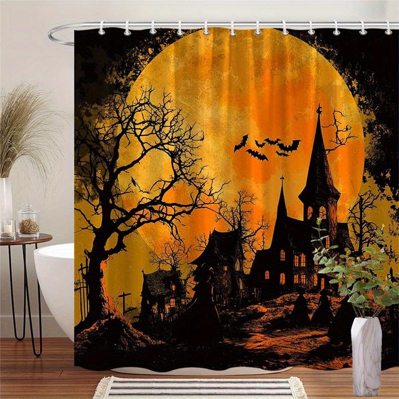 

1 X Gothic Halloween Shower Curtain - Spooky Castle Scene, Orange Moon Shining Twisted Trees - Polyester Fabric Machine Washable W60H190(CM)-1 Pcs