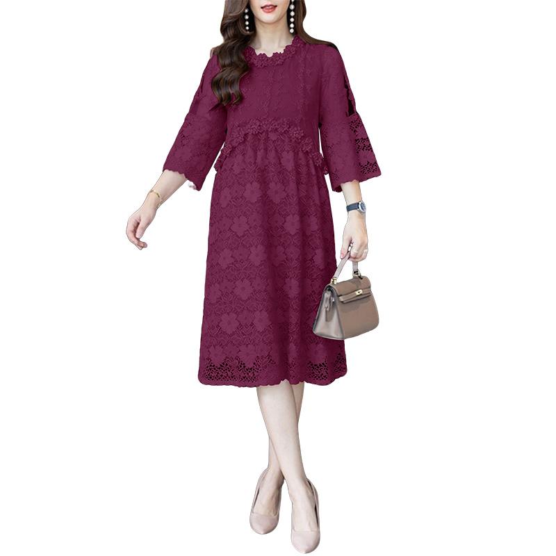 ZANZEA Women Round Neck 3/4 Sleeve Casual Elegant Lace Dress